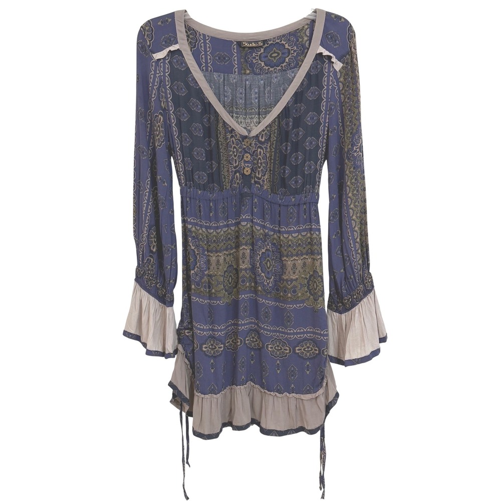 Studio F Blue Paisley Boho Indie Mini Dress Bell Sleeve Ruffle Hem Size 10